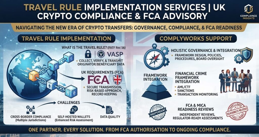 Infographic on Travel Rule implementation for UK crypto compliance and FCA advisory, covering FATF Recommendation 16, VASP requirements and financial crime framework integration
